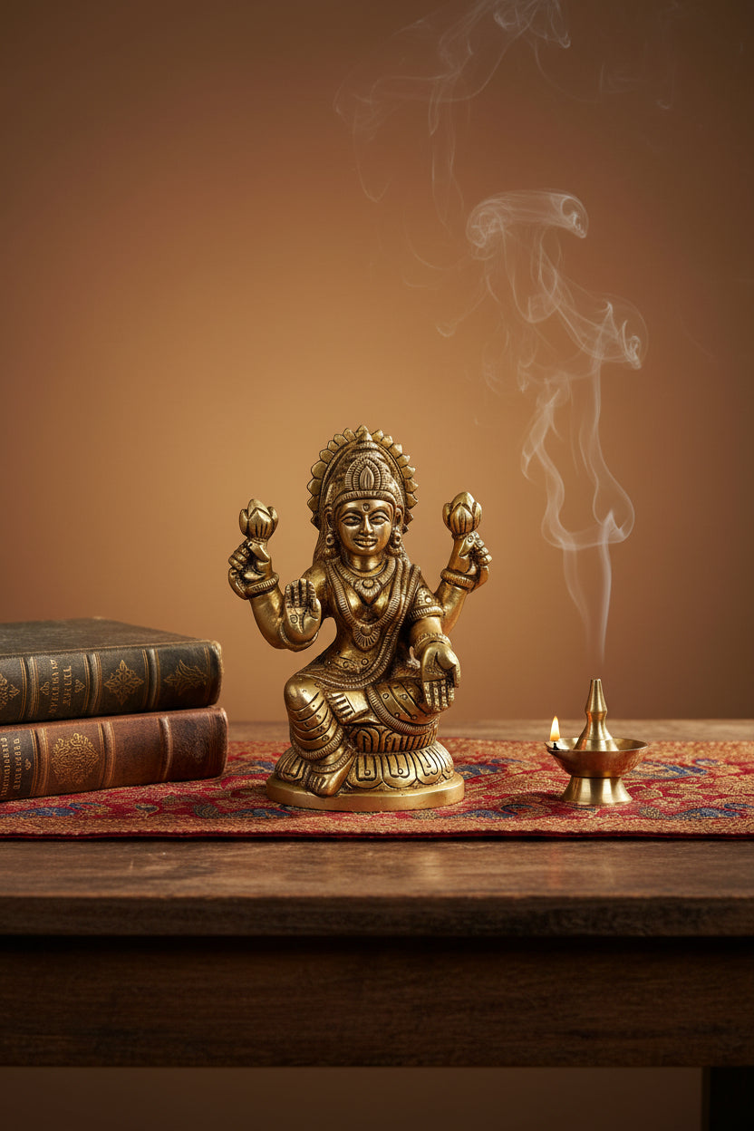 Chaturbhuj Mahalakshmi Brass Idol 4.1 Inch Handcrafted Four Armed Goddess Mahalakshmi Murti for Home Temple and Gifting