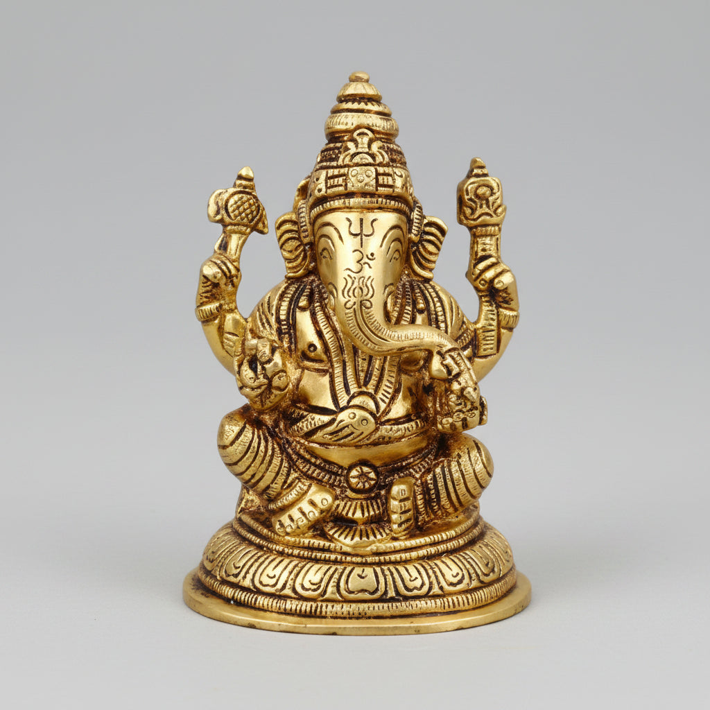 Chaturbhuja Ganesh Brass Idol 4.8 Inch Handcrafted Pure Brass Murti for Home Mandir