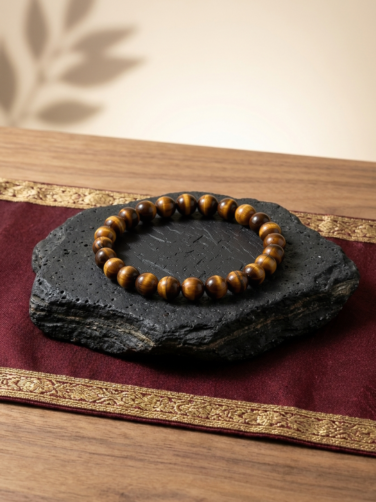 Front flat lay view of the Mani Monk Concentration & Focus crystal bracelet, beautifully styled on a dark stone and traditional red cloth