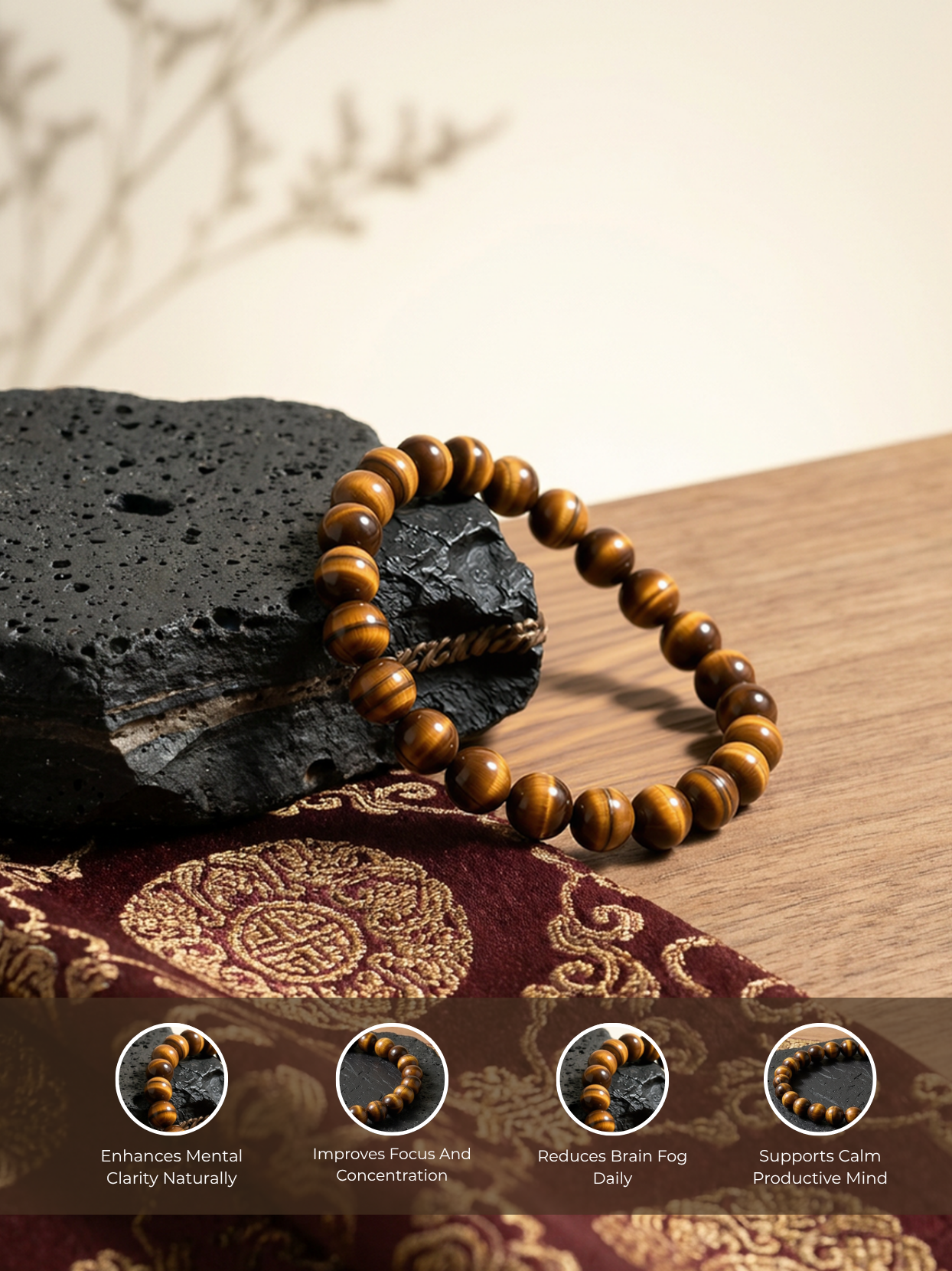 Detailed feature graphic of the Mani Monk Concentration & Focus bracelet highlighting the premium natural crystal stones, smooth bead design, and comfortable elastic stretch fit.