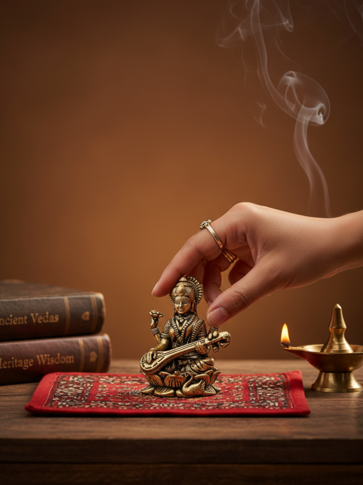 Mani Monk Brass Saraswati Sitar Lotus Idol - 1.2 Inch - Goddess of Knowledge Seated on Lotus for Home and Puja Room - ManiMonk