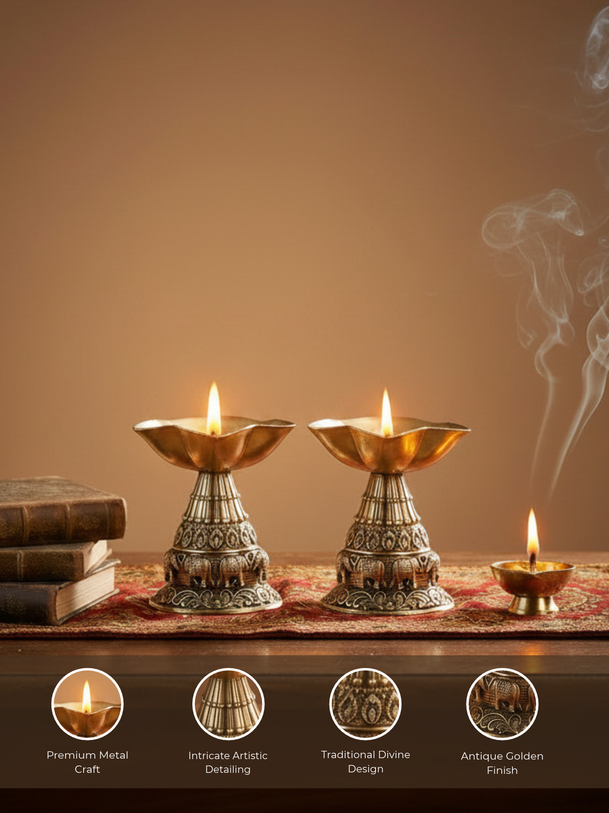 Ashtadhatu Elephant Design Panch Batti Diya Set of 2 Five Flame Puja Diya