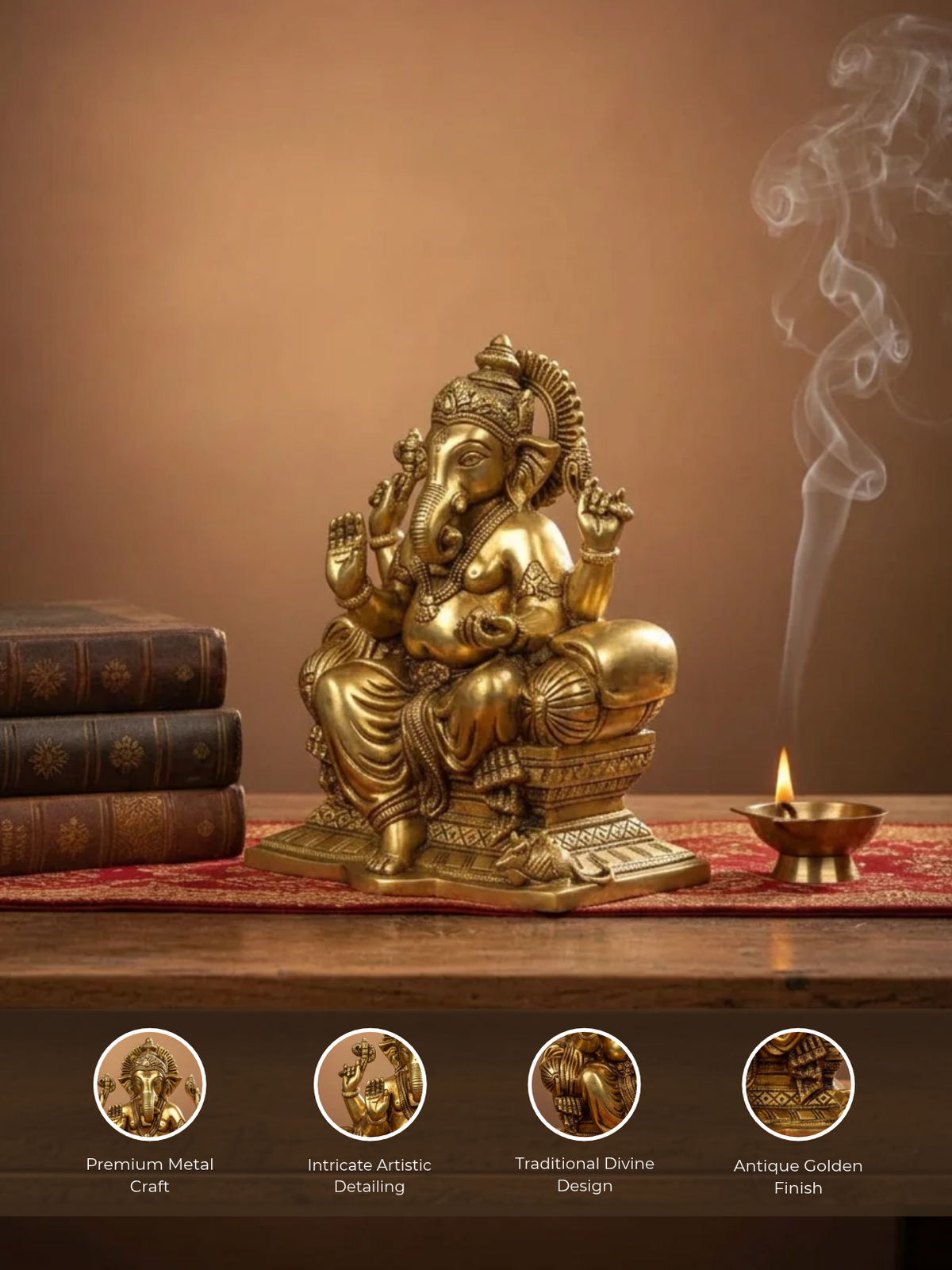 Lalitasana Pose Ganesha Brass Statue 9 Inch Handcrafted Royal Seated Ganpati Idol for Home Temple and Premium Gifting