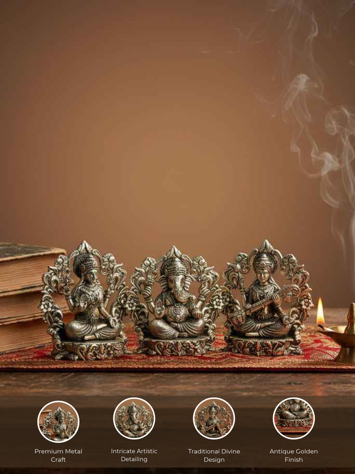 Lakshmi Ganesh Saraswati Floral Frame Ashtadhatu Idols Set Energised Divine Trio