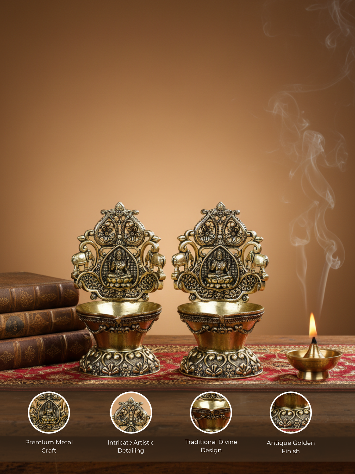 Ashtadhatu Gaj Lakshmi Diya Set of 2 - Goddess Lakshmi Puja Diya
