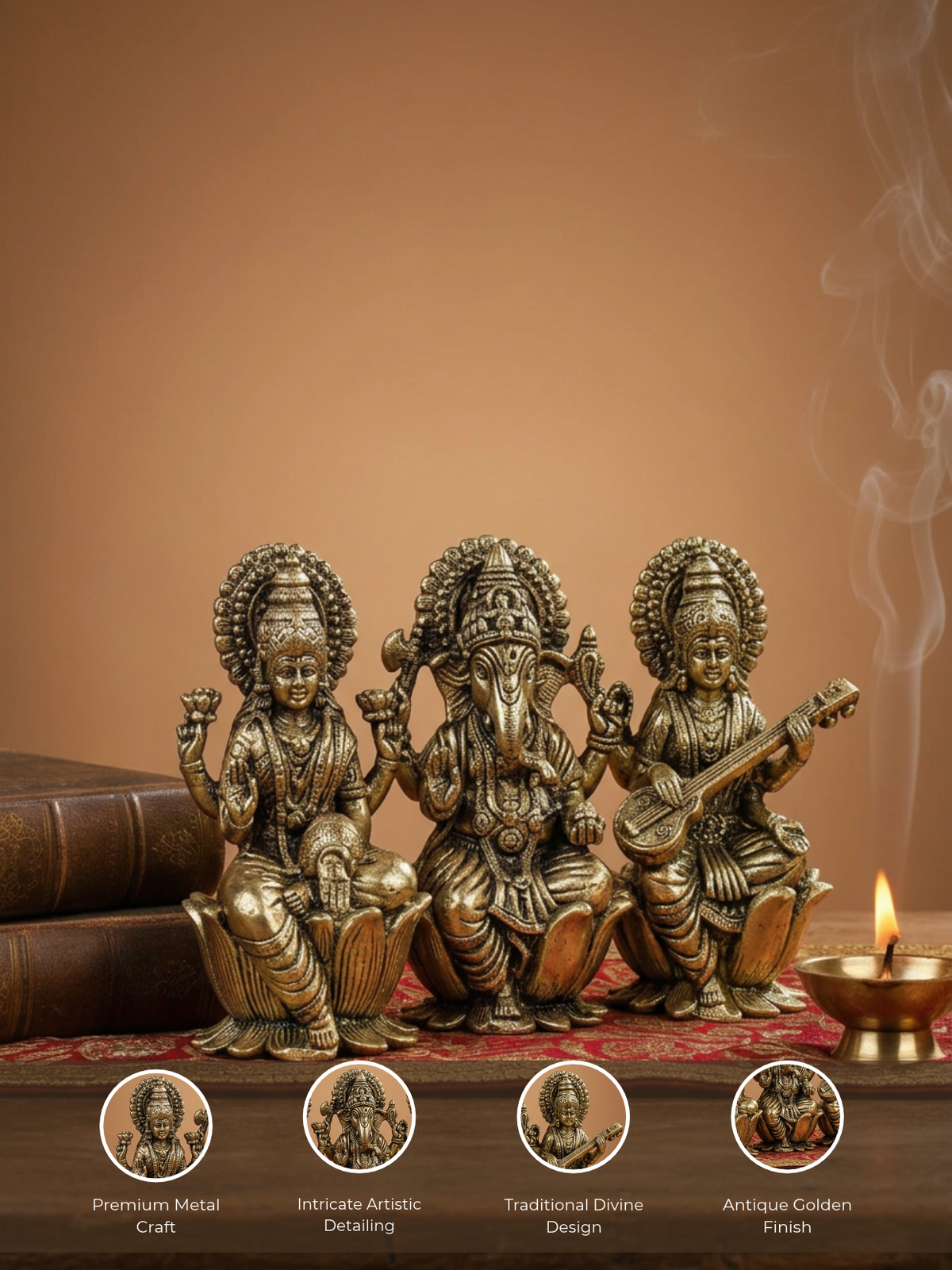 Lakshmi Ganesh Saraswati on Lotus Ashtadhatu Idols Set Energised Trio Murti