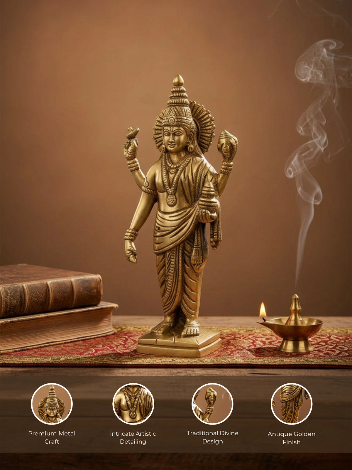 Lord Dhanvantari Brass Statue 7.25 Inch Handcrafted God of Ayurveda and Health Idol for Home Puja and Wellness Spaces