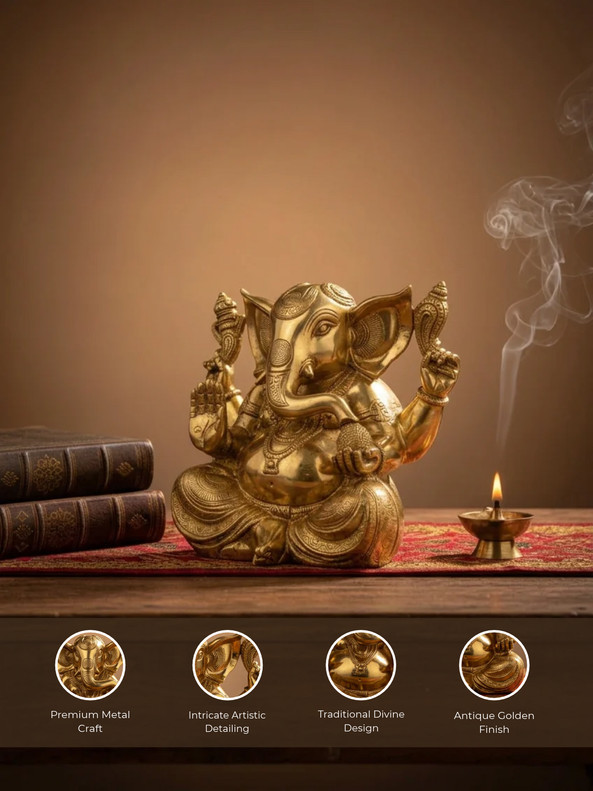 Gajakarna Ganesh Superfine Brass Idol 8 Inch Heavy Handcrafted Shining Ganesha Murti for Home Temple and Premium Gifting
