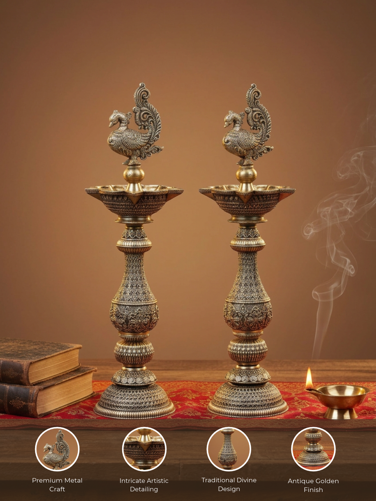 Ashtadhatu Peacock Samai Oil Lamp Set of 2