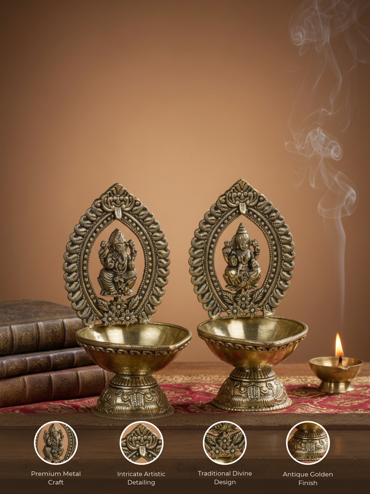 Ganesh Laxmi Prabhavalli Frame Ashtadhatu Diya Set of 2 Energised Puja Set
