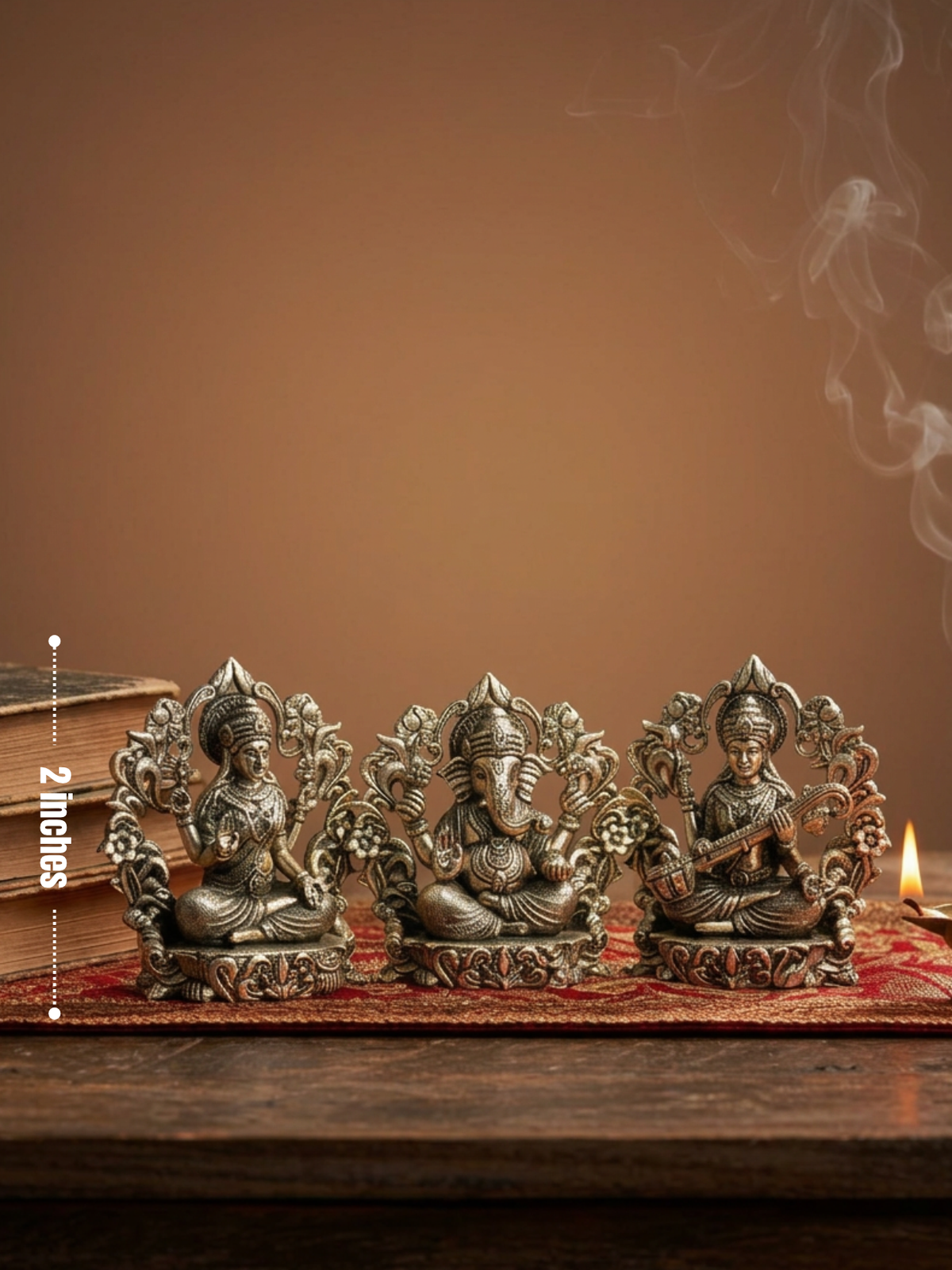 Lakshmi Ganesh Saraswati Floral Frame Ashtadhatu Idols Set Energised Divine Trio