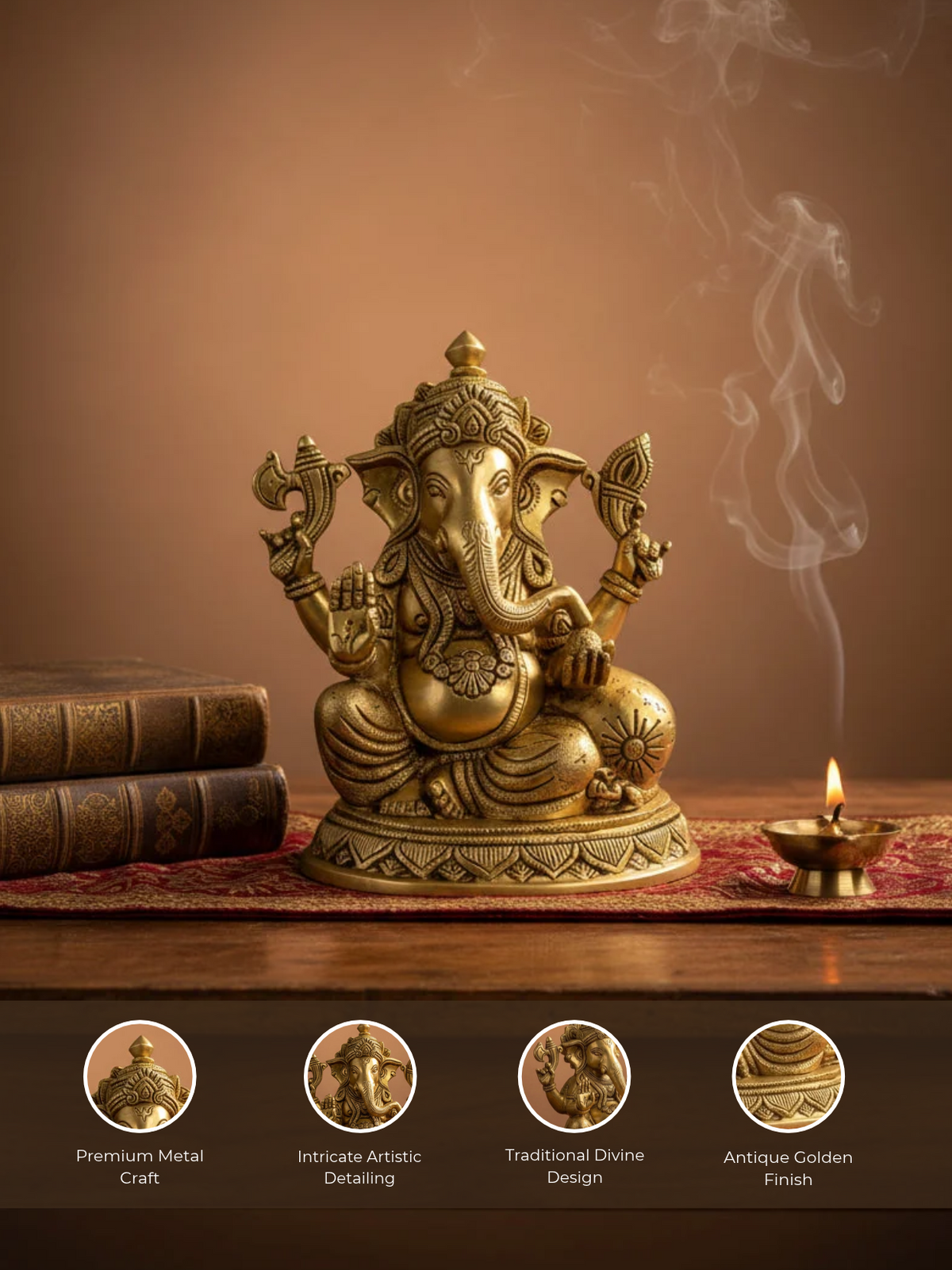 Lord Ganapathi Brass Idol 8.5 Inch Handcrafted Premium Ganesha Murti for Home Temple Puja Room and Corporate Gifting