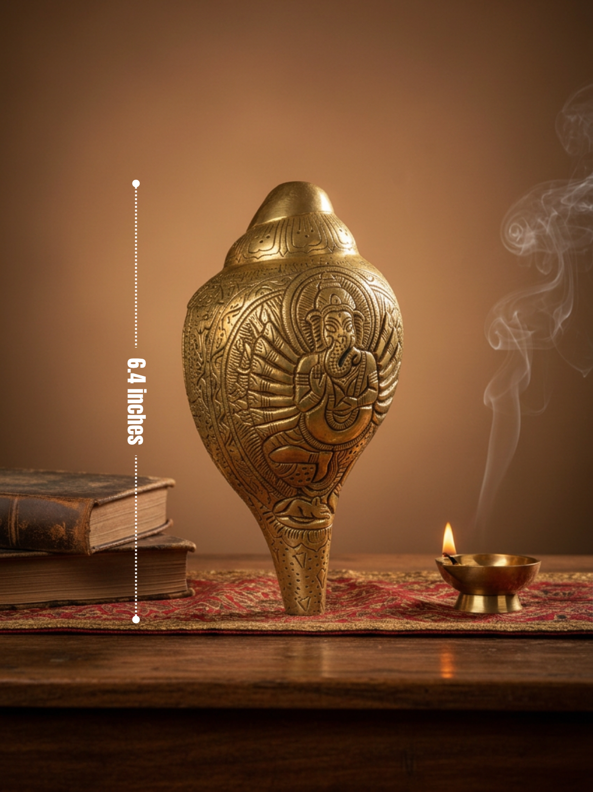 Blowing Brass Shankh With Veer Ganesh Engraving | Functional Pure Brass Conch Shell for Puja