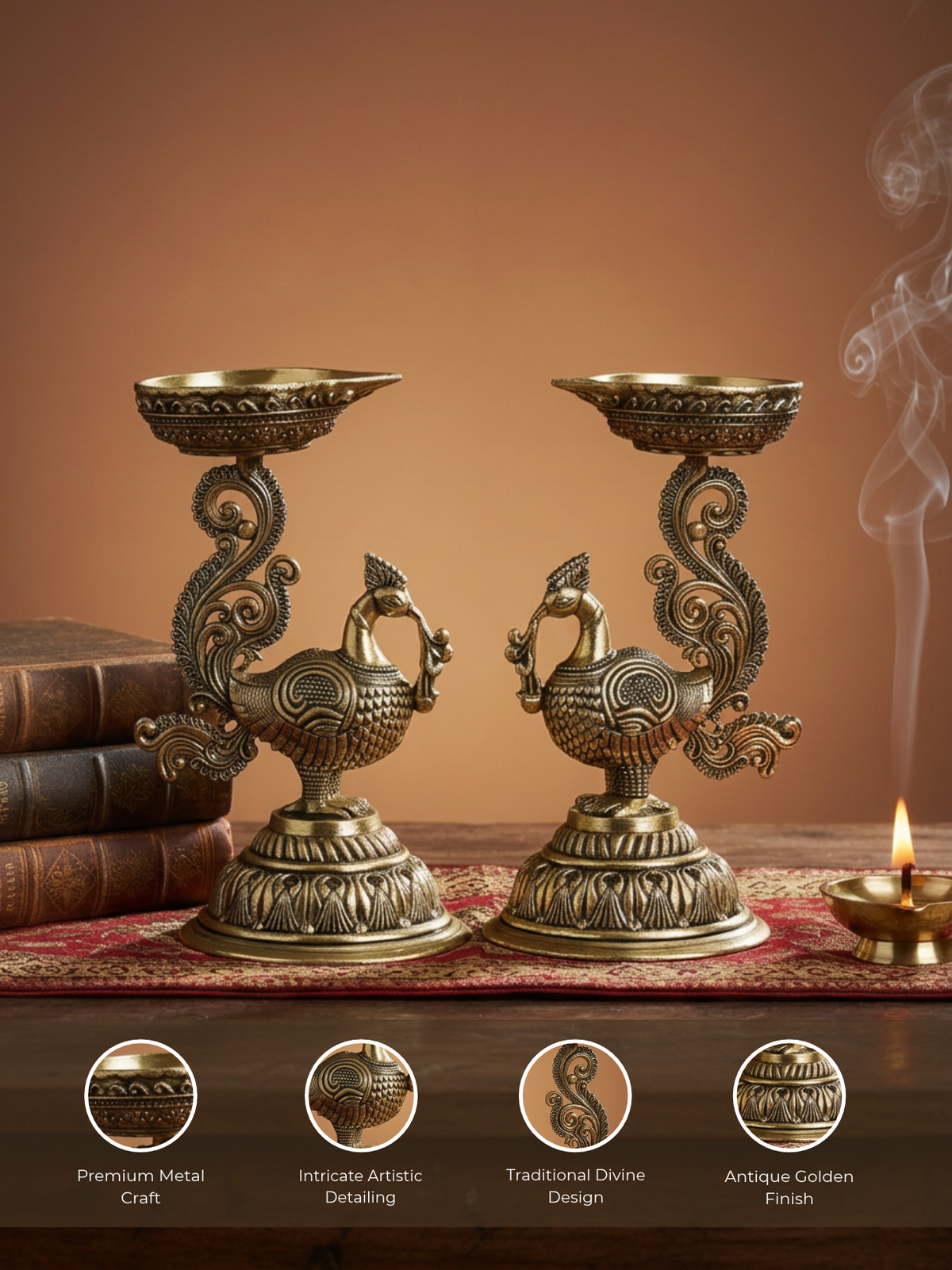 Ashtadhatu Peacock Standing Diya Set of 2 Decorative Puja Diya