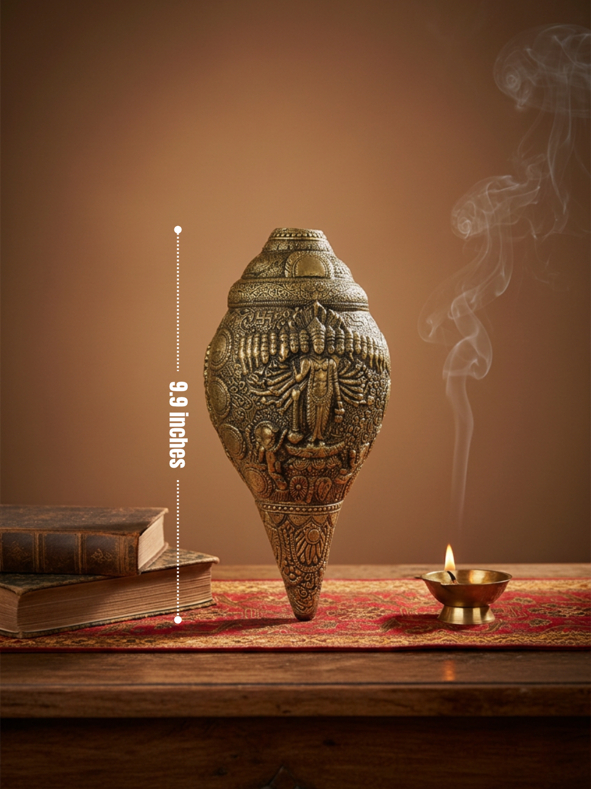 Blowing Brass Shankh With Viraat Vishwarup Vishnu Engraving Handcrafted Pure Brass Conch Shell for Puja