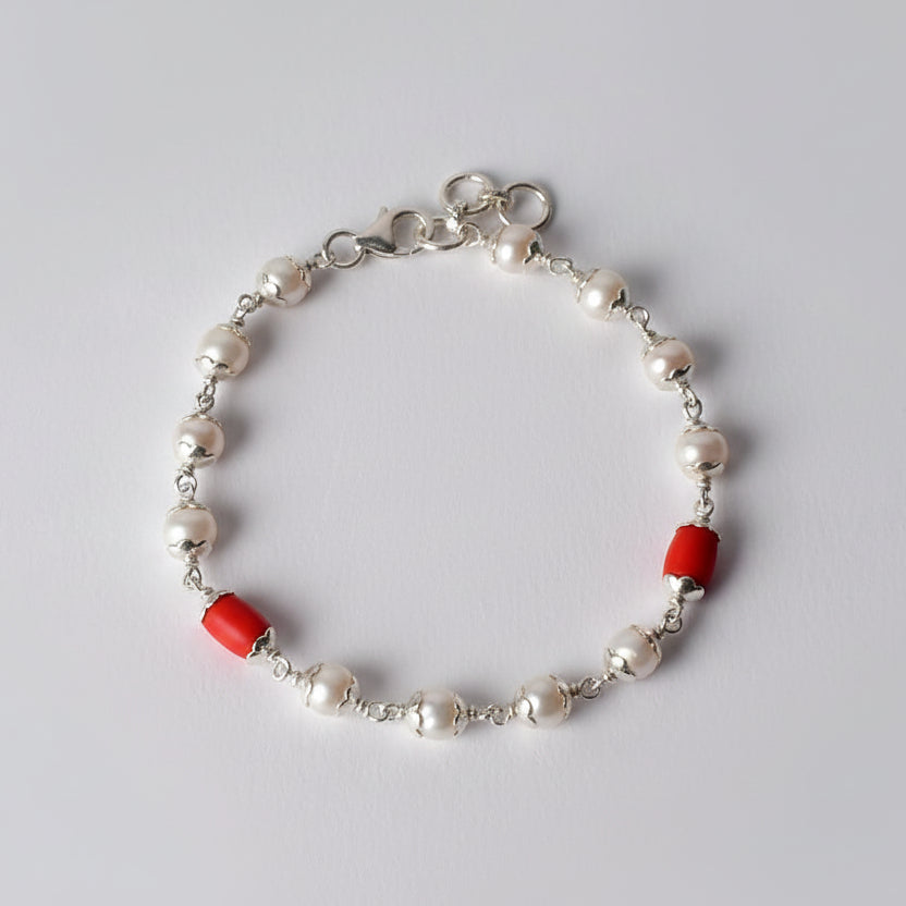 Pearl & Drum Shaped Coral 925 Silver Flower Caps Bracelet
