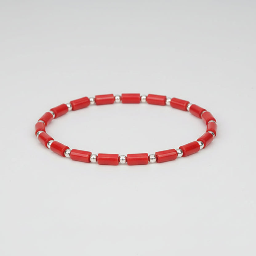 Coral Cylindrical Shaped 925 Silver Balls Bracelet-4 x 2 mm