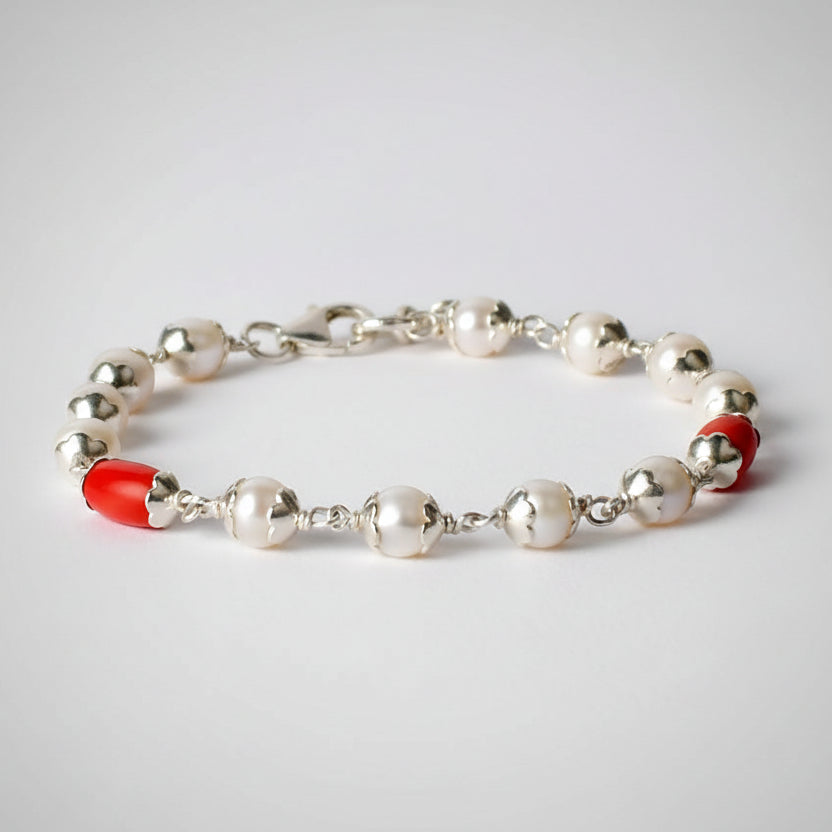 Pearl & Drum Shaped Coral 925 Silver Flower Caps Bracelet