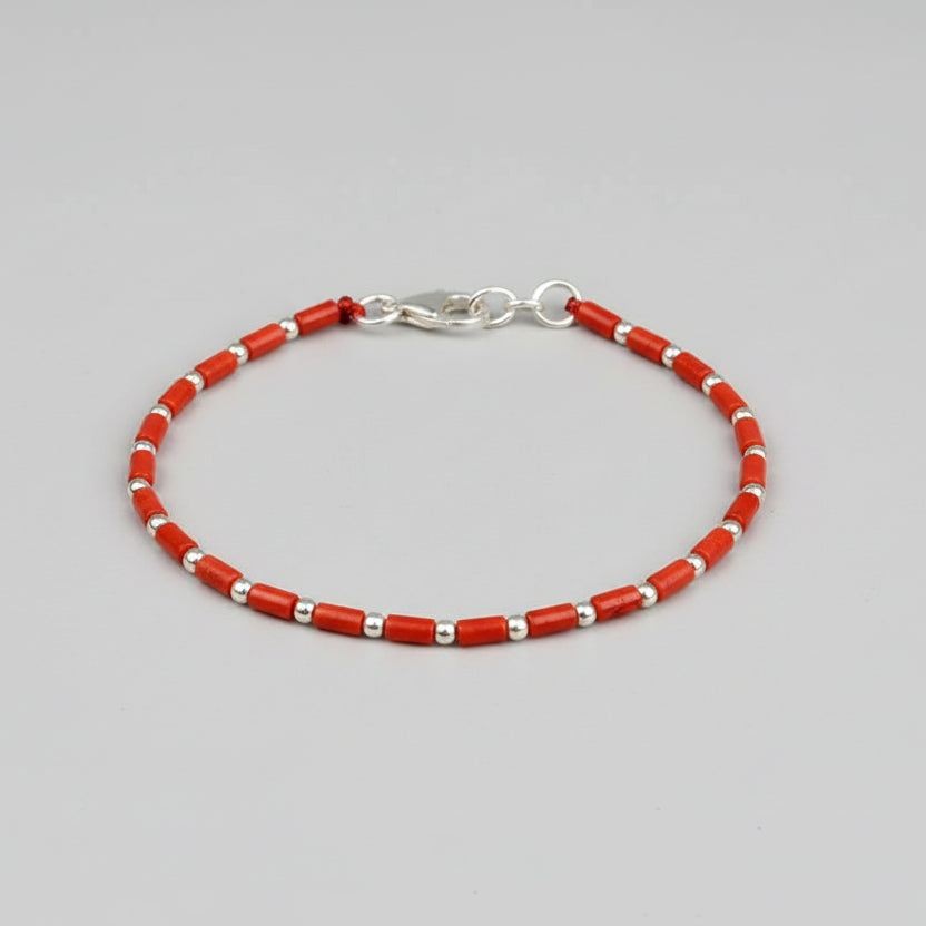 Coral Cylindrical Shaped 925 Silver Balls Bracelet-4 x 2 mm