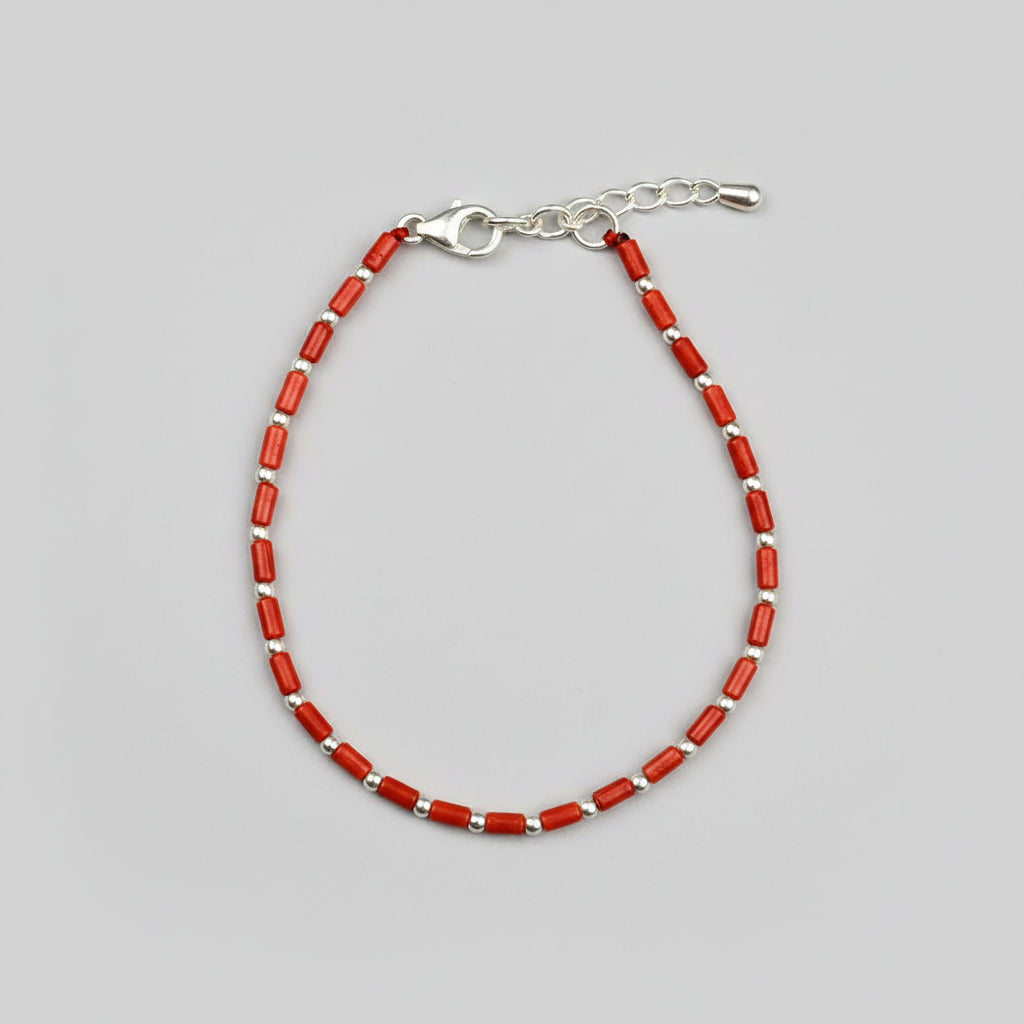 Coral Cylindrical Shaped 925 Silver Balls Bracelet-6 x 3 mm