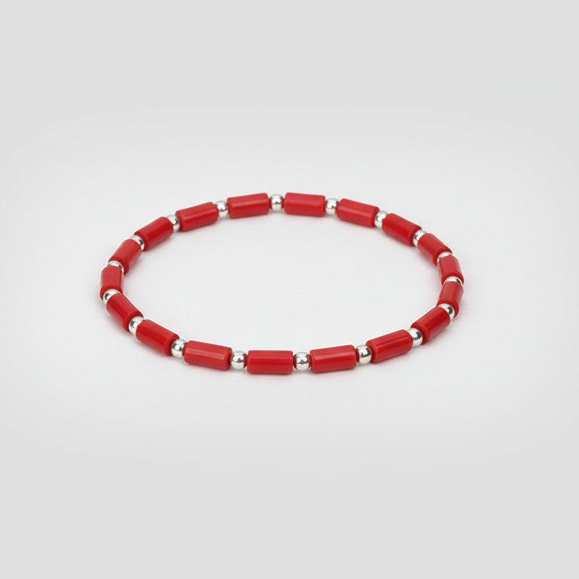 Coral Cylindrical Shaped 925 Silver Balls Bracelet-6 x 3 mm