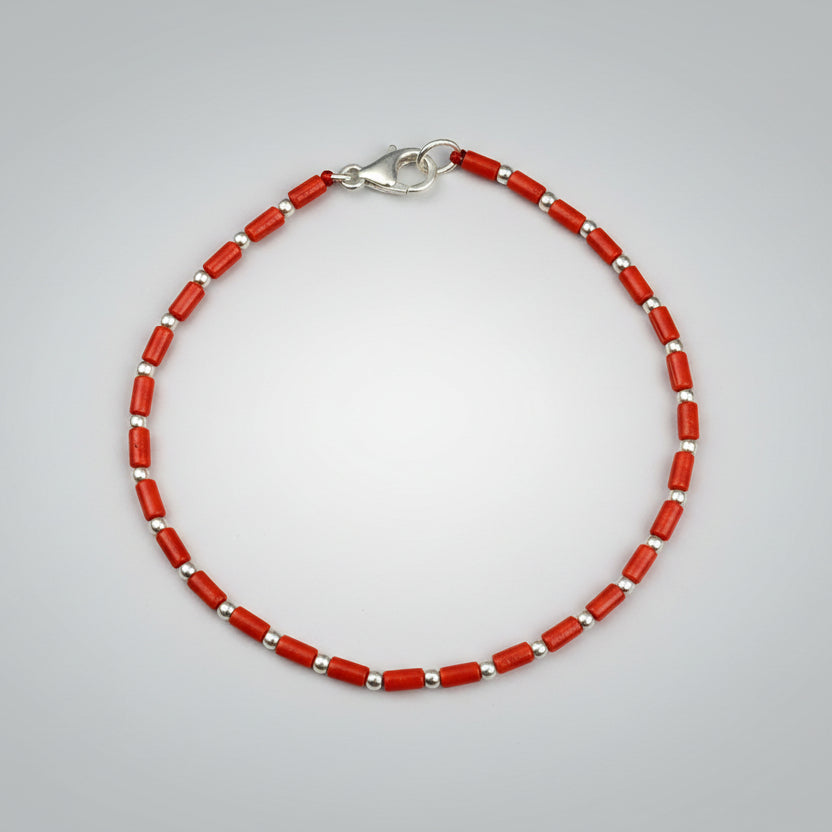 Coral Cylindrical Shaped 925 Silver Balls Bracelet-8 x 5 mm
