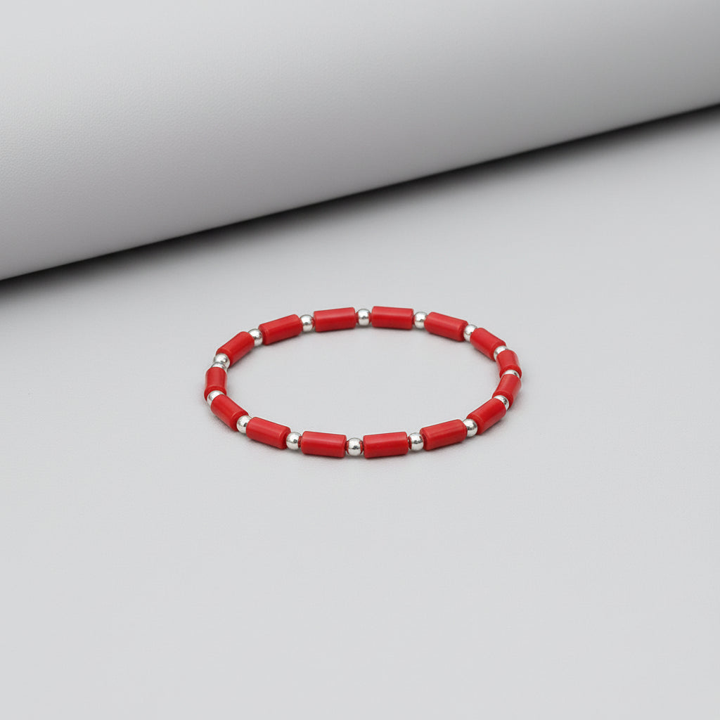 Coral Cylindrical Shaped 925 Silver Balls Bracelet-8 x 5 mm