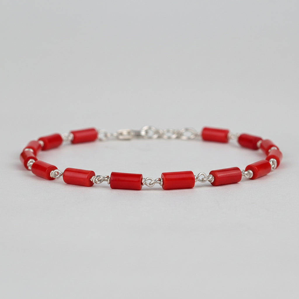 Coral Cylindrical Shaped 925 Silver Wire Bracelet-4 x 2 mm