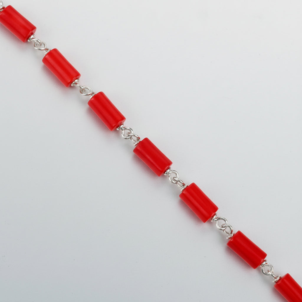 Coral Cylindrical Shaped 925 Silver Wire Bracelet-6 x 3 mm