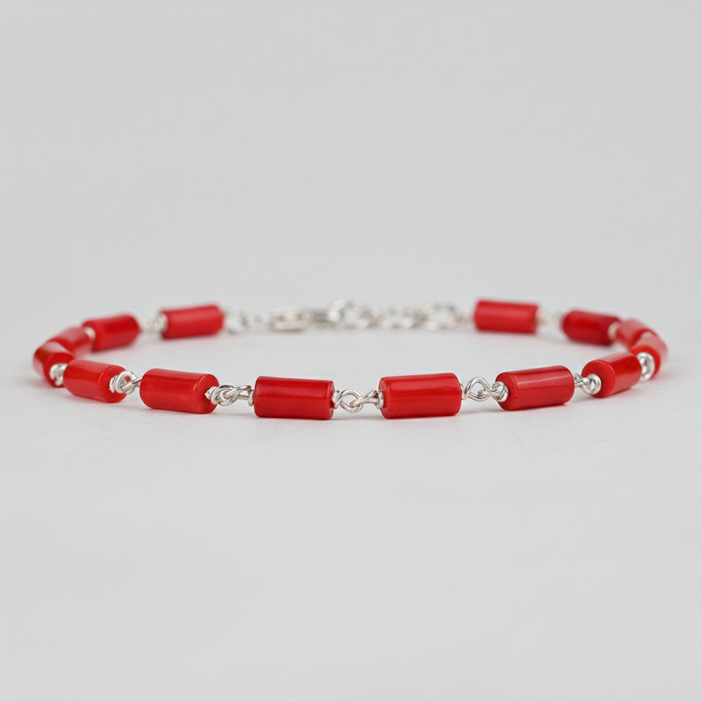 Coral Cylindrical Shaped 925 Silver Wire Bracelet-6 x 3 mm