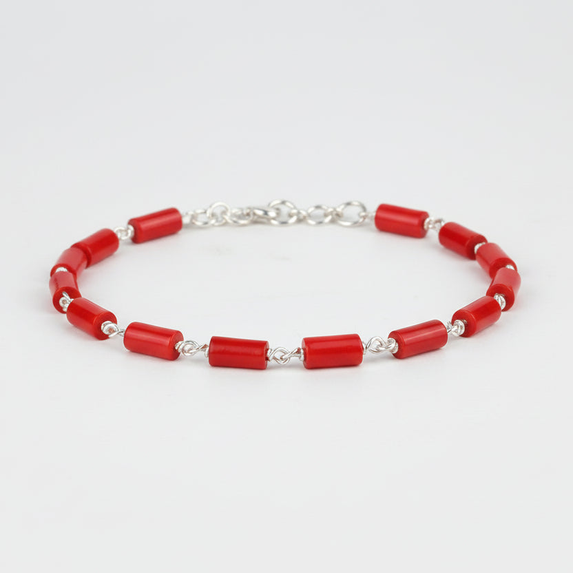 Coral Cylindrical Shaped 925 Silver Wire Bracelet-8 x 5 mm