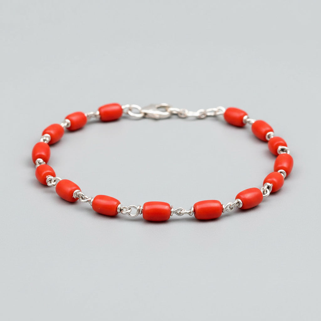 Coral Drum Shape 925 Silver Wire Bracelet-10 x 8 mm