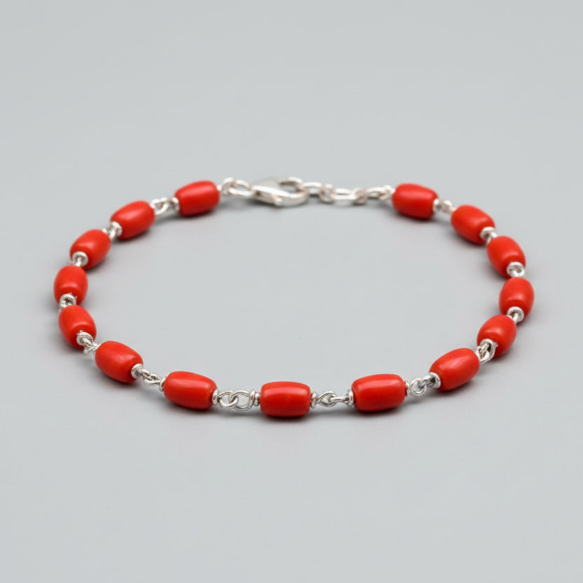 Coral Drum Shape 925 Silver Wire Bracelet-11 x 9 mm