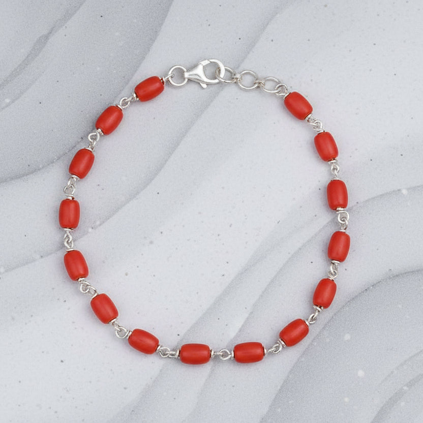 Coral Drum Shape 925 Silver Wire Bracelet-11 x 9 mm