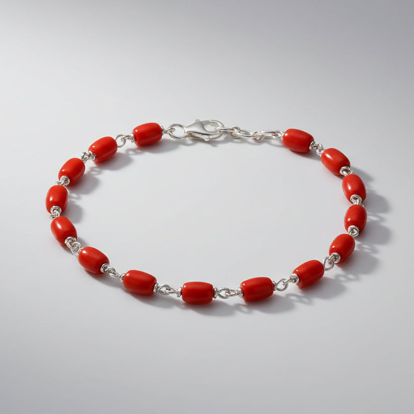 Coral Drum Shape 925 Silver Wire Bracelet-6 x 5 mm