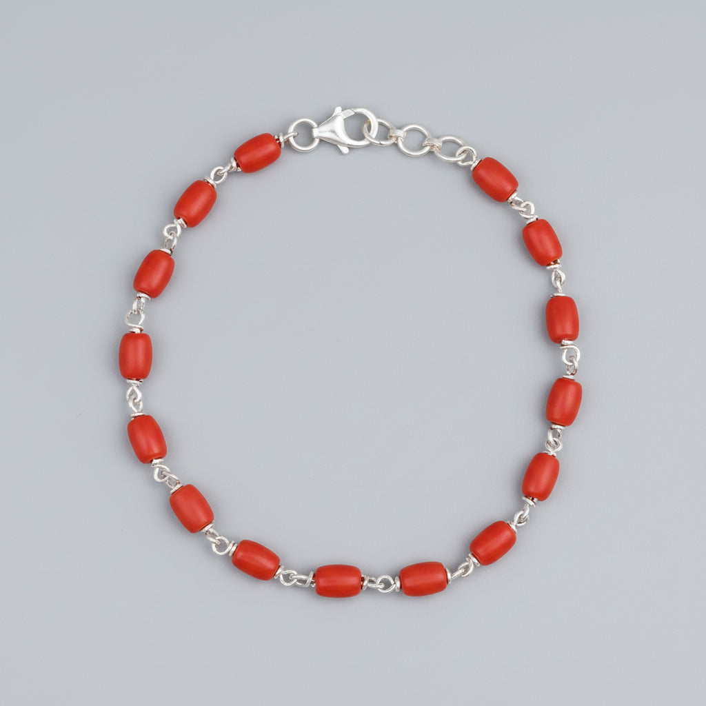 Coral Drum Shape 925 Silver Wire Bracelet-6 x 5 mm