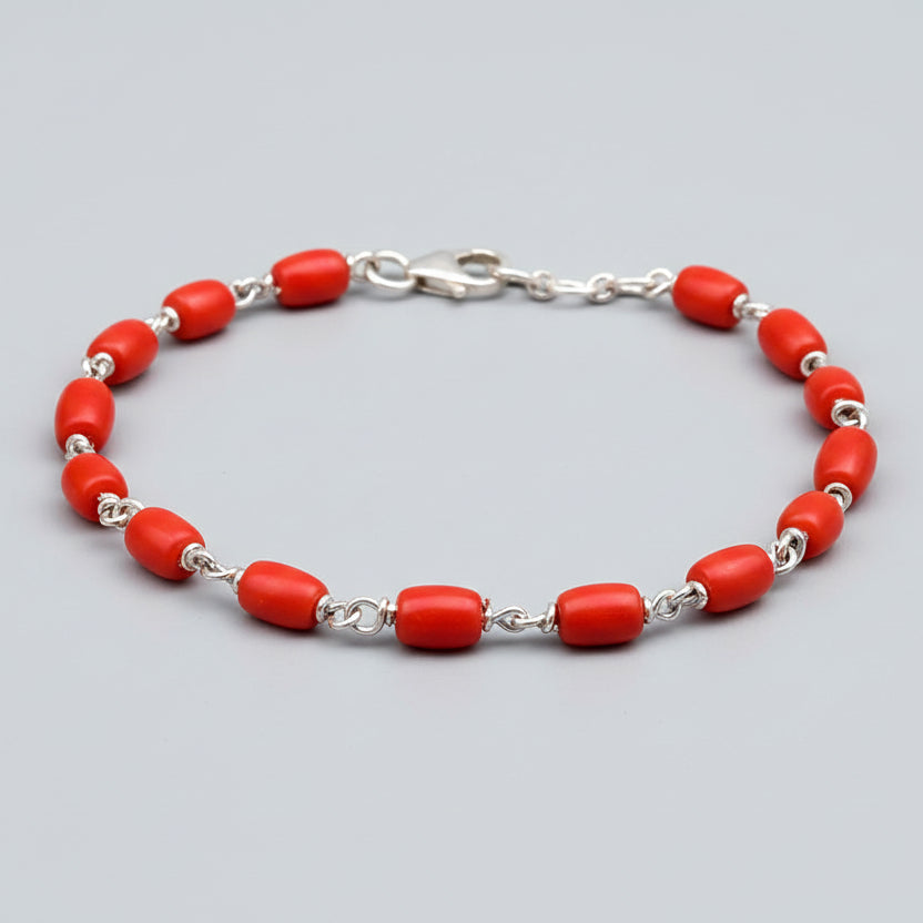 Coral Drum Shape 925 Silver Wire Bracelet-8 x 6 mm