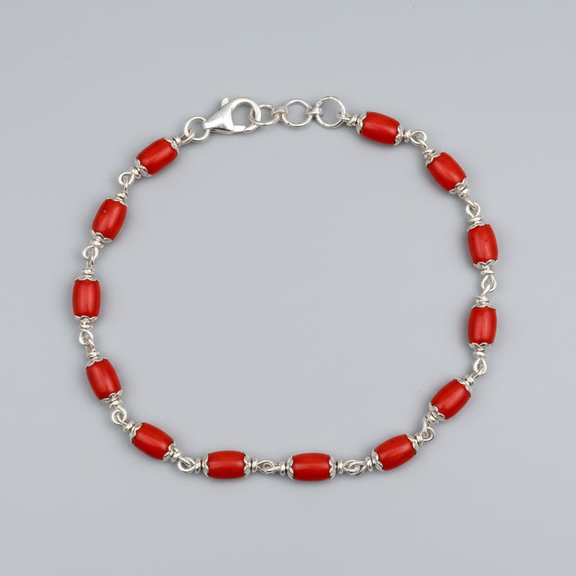 Coral Drum Shaped 925 Silver Caps Bracelet-10 x 8 mm