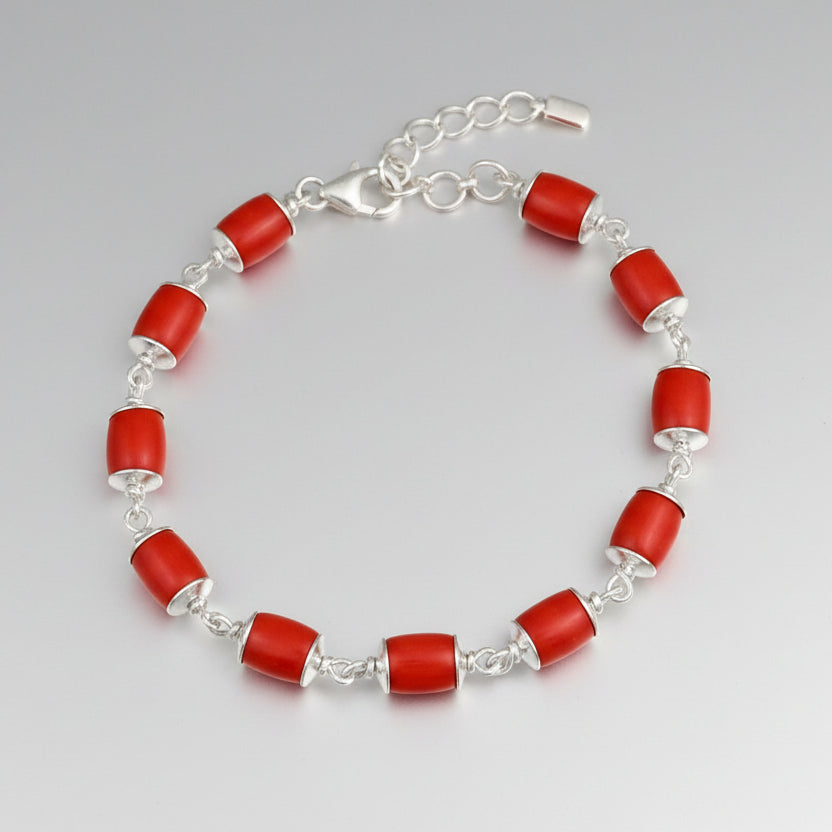 Coral Drum Shaped 925 Silver Caps Bracelet-10 x 8 mm