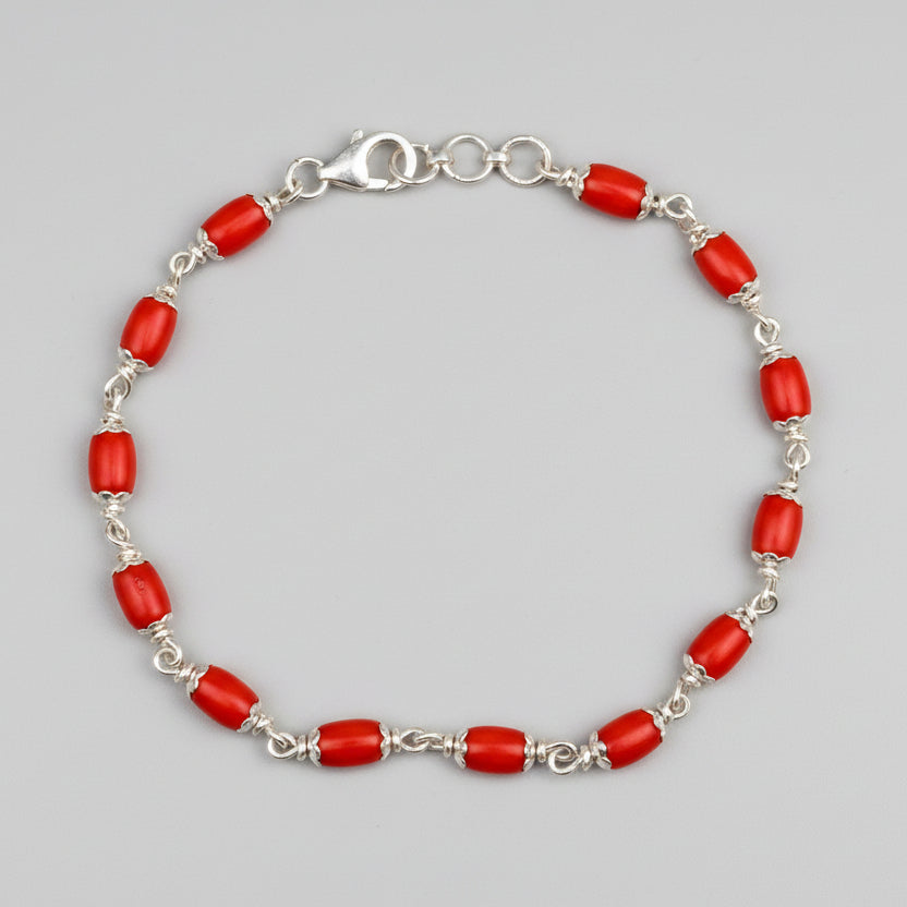 Coral Drum Shaped 925 Silver Caps Bracelet-11 x 9 mm