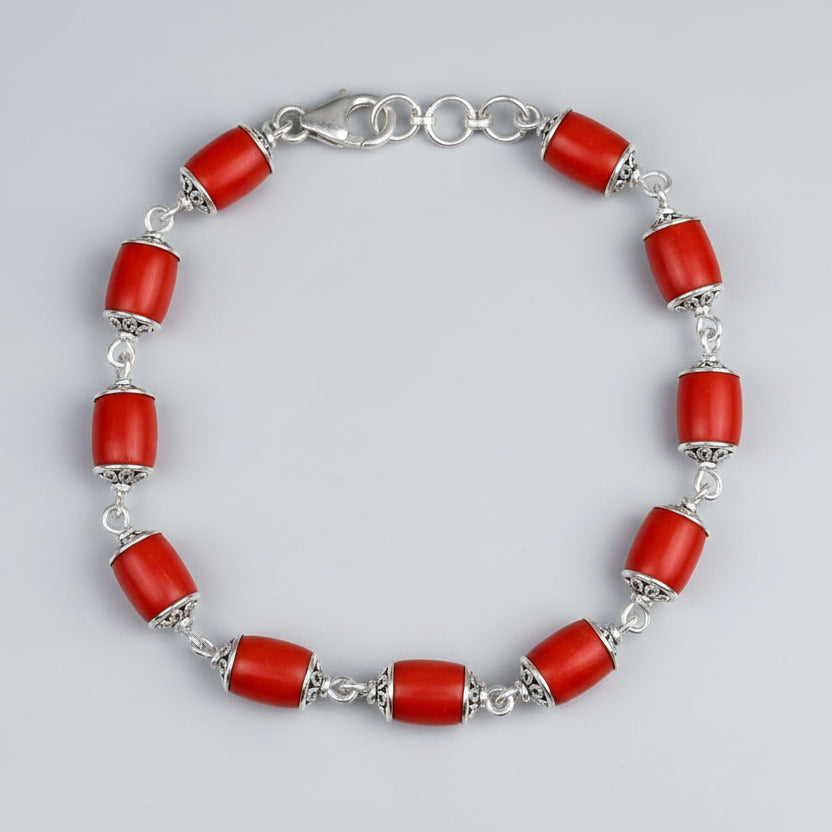 Coral Drum Shaped 925 Silver Caps Bracelet-11 x 9 mm