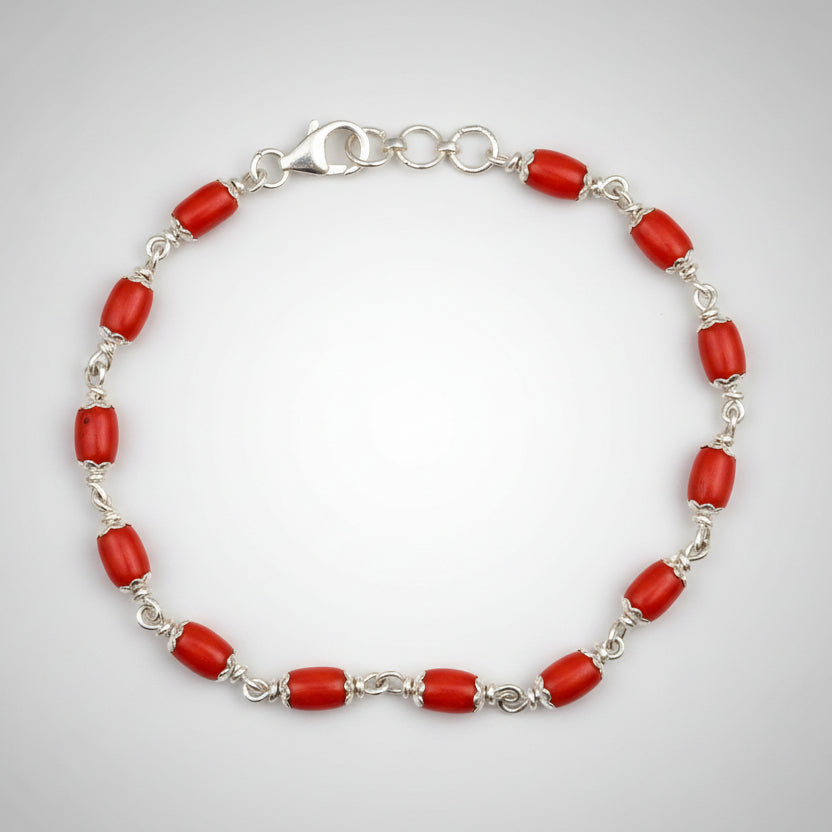 Coral Drum Shaped 925 Silver Caps Bracelet-8 x 6 mm