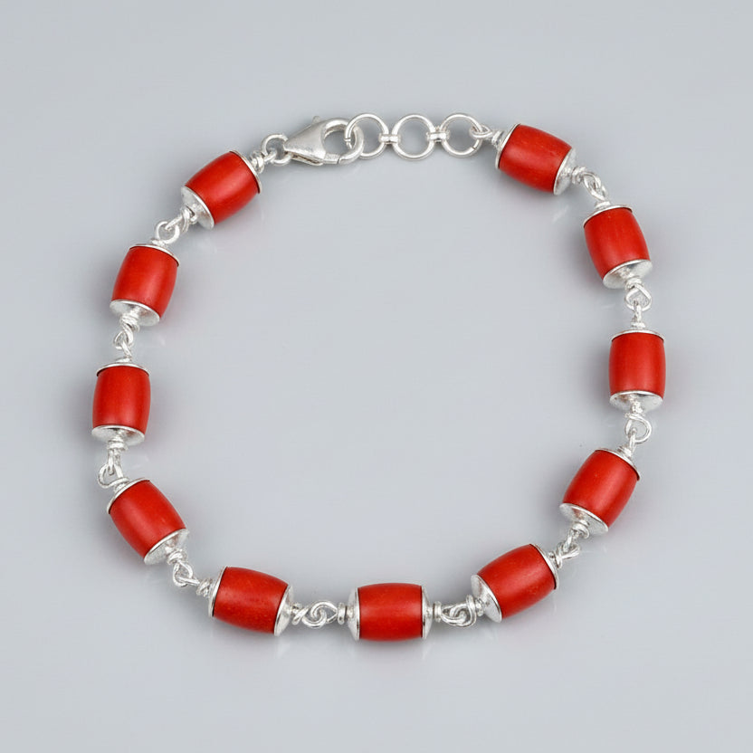 Coral Drum Shaped 925 Silver Caps Bracelet-8 x 6 mm