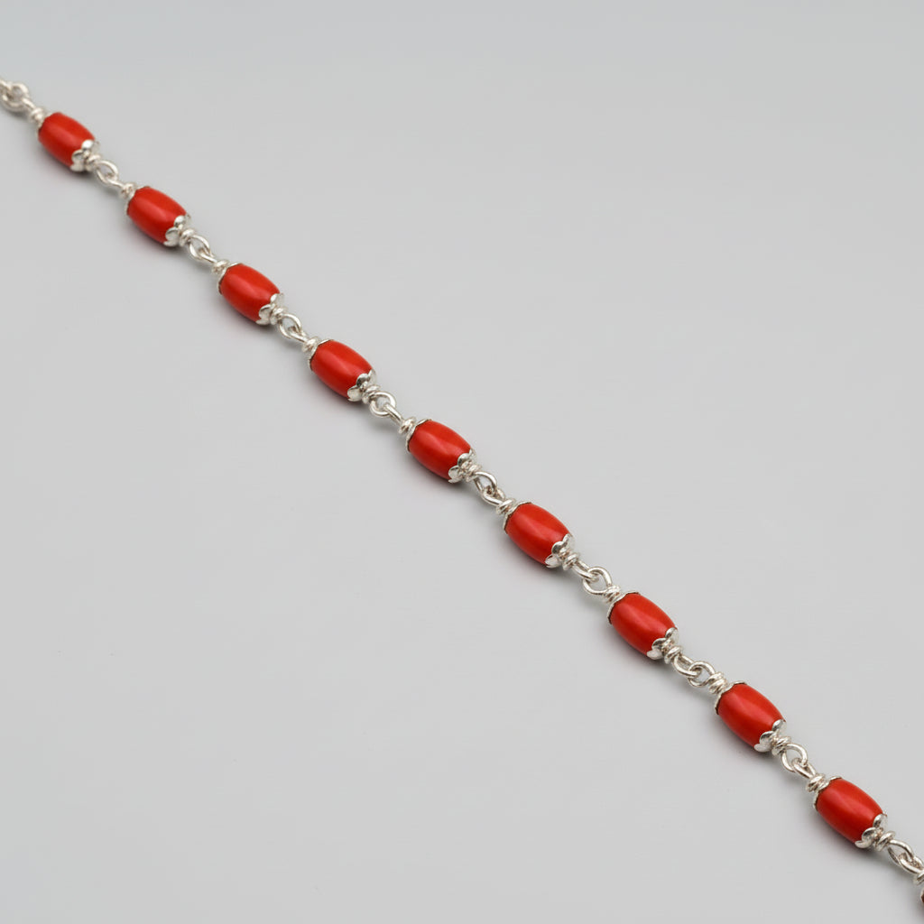 Coral Drum Shaped 925 Silver Flower Caps Bracelet