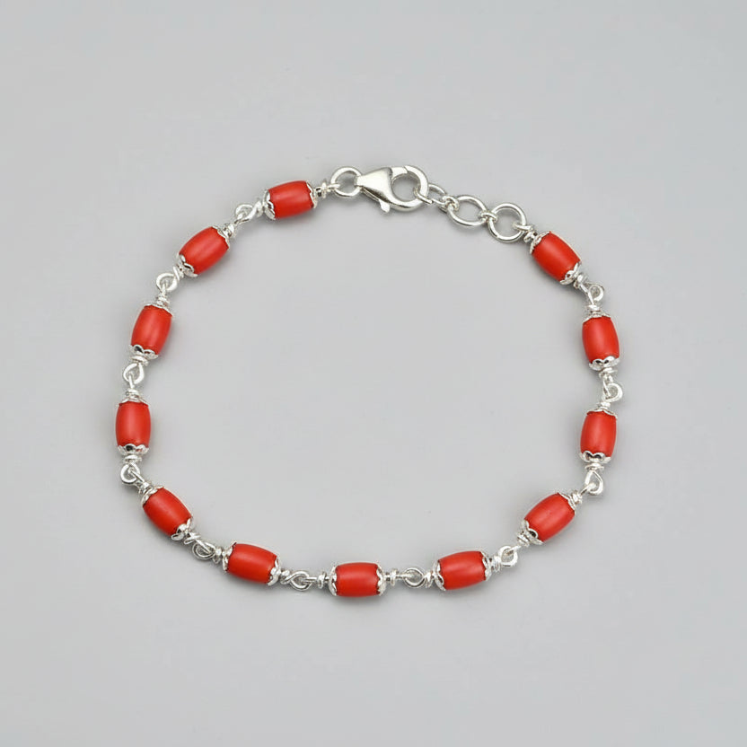 Coral Drum Shaped 925 Silver Flower Caps Bracelet