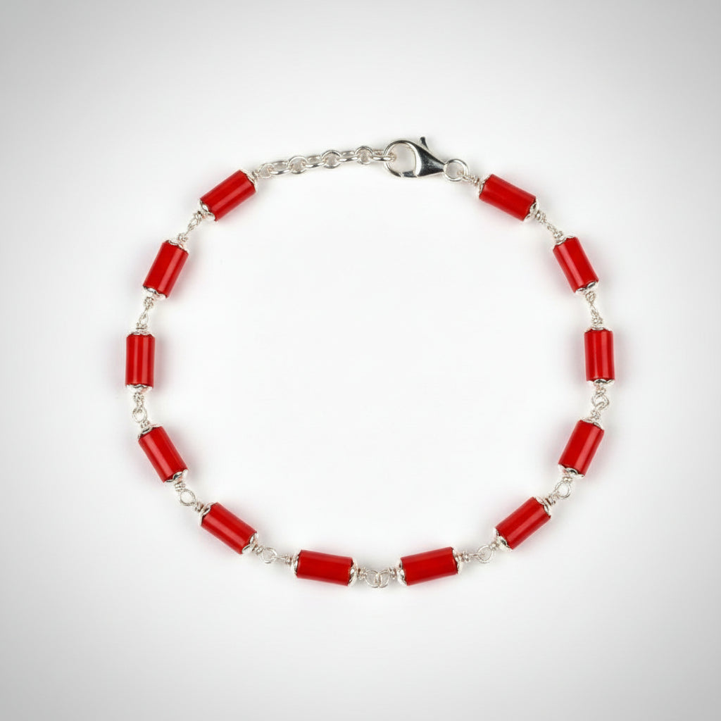 Cylindrical Coral Bracelet in Pure Silver Flower Caps