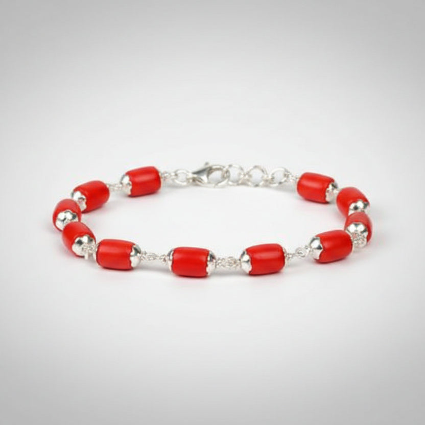 Cylindrical Coral Bracelet in Pure Silver Flower Caps (I)