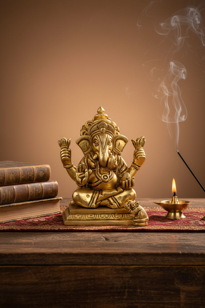 Dagdusheth Halwai Ganpathi Brass Idol 4.5 Inch Handcrafted Pure Brass Murti