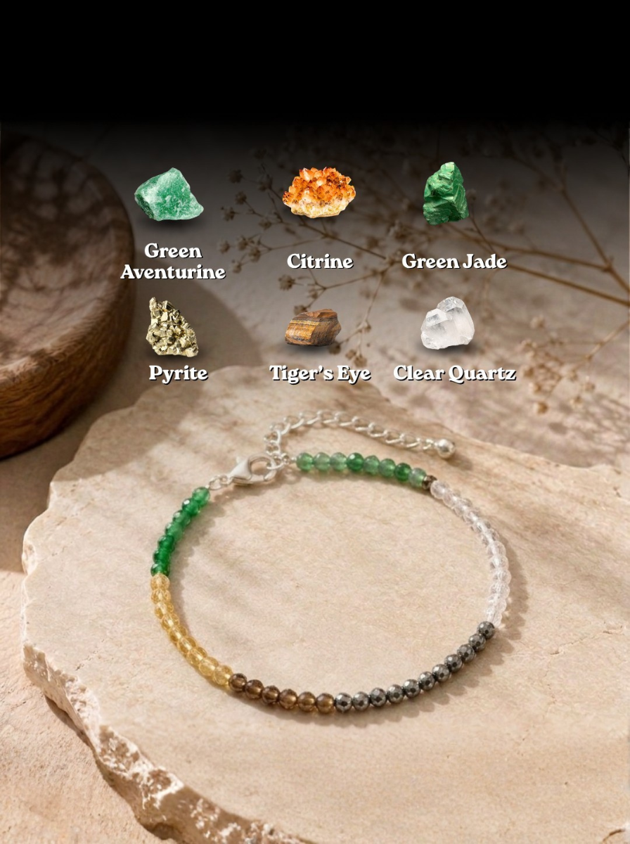 A beaded bracelet displayed on a stone slab, with labeled gemstone crystals shown above it: Green Aventurine, Citrine, Green Jade, Pyrite, Tiger's Eye, and Clear Quartz. The bracelet contains green, clear, yellow, and metallic gray beads.