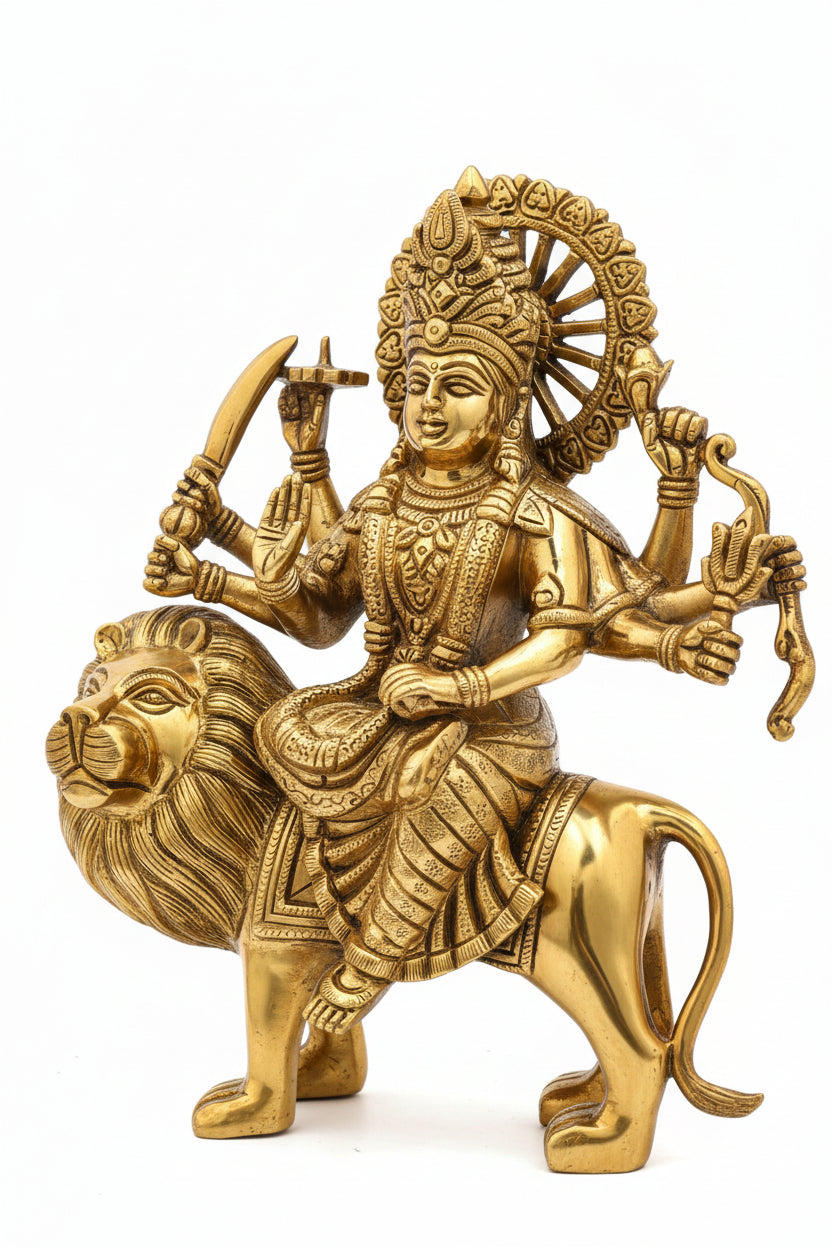 Durga Maa Sherawali Brass Statue 9.8 Inch Premium Handcrafted Idol for Home Temple - ManiMonk